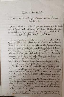 Traducción de la bula de Benedicto XV comunicando al cabildo de la Catedral de San José, al clero y fieles de la Arquidiócesis el nombramiento de Rafael Otón Castro como arzobispo de San José
