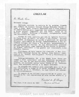 Circular de Trinidad de J. Araya, secretario del comité central para las honras fúnebres de Monseñor Stork, III obispo de San José