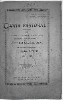 Tercera carta pastoral de José Alfonso Belloso Sánchez, arzobispo de San Salvador, con ocasión del jubileo sacerdotal de Pío XI