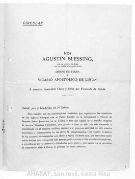 Circular de Monseñor Agustín Blessing, Vicario Apostólico de Limón