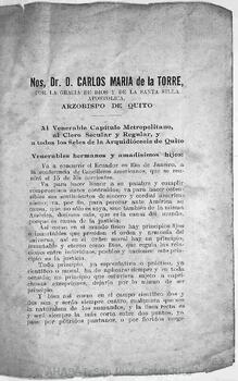 Circular de Carlo María de la Torre, obispo de Quito, al capítulo metropolitano, al clero y a los fieles de la arquidiócesis