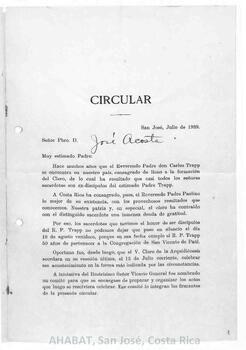 Circular del comité pro-conmemoración del 50 aniversario del presbítero Carlos Trapp como miembro de la Congregación de San Vicente de Paúl