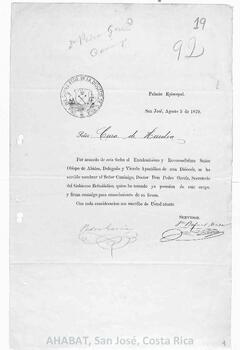 Circular de Juan Rafael Mata, Gobierno eclesiástico de la Diócesis de San José (1879)